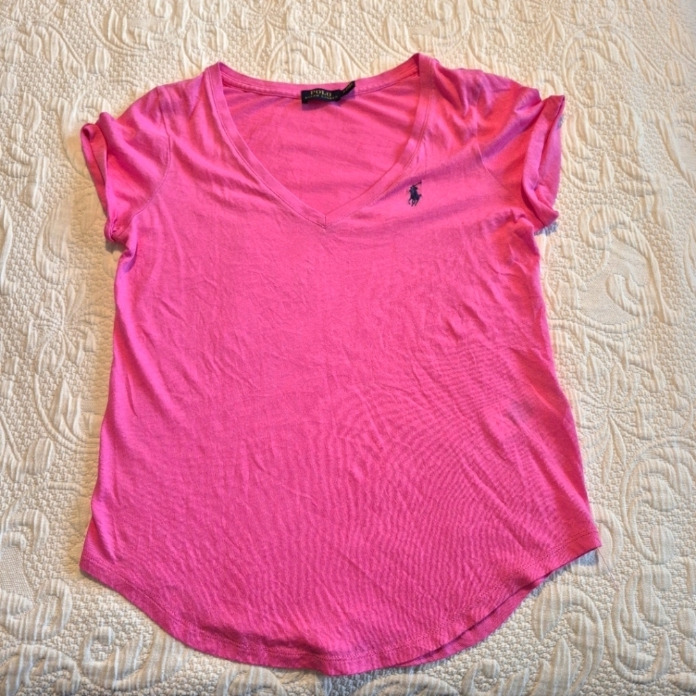 Polo Ralph Lauren women's small fold over sleeve short sleeve V neck shirt EUC